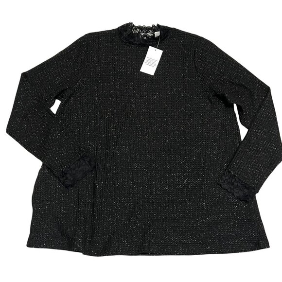 Logo Lori Goldstein Womens Lace Trim Sweater Top L Black Recycled Polyester - Picture 1 of 7